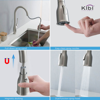 Kibi Cedar Single Handle High Arc Pull Down Kitchen Faucet in Brushed Nickel Finish - KKF2010BN