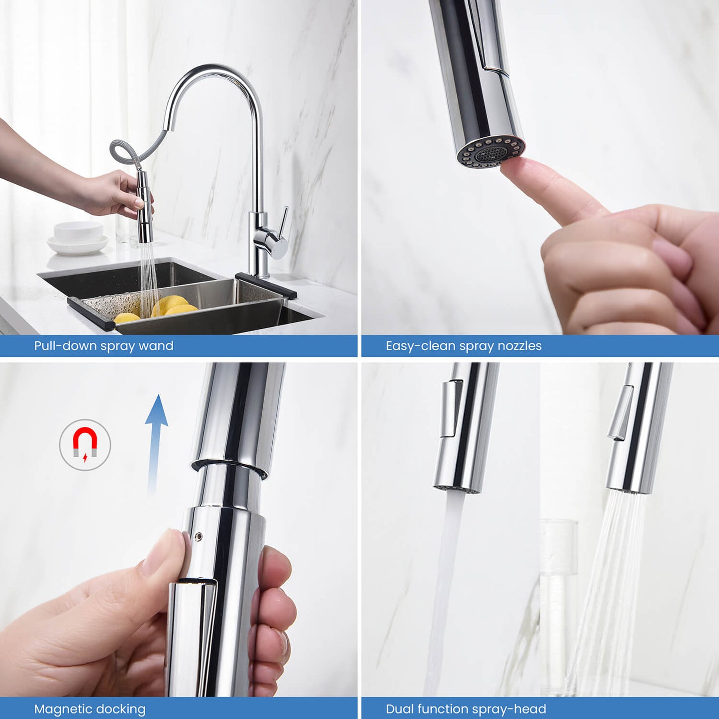 Kibi Circular Single Handle Pull Down Kitchen Faucet With Soap Dispenser in Chrome Finish - C-KKF2013CH-KSD100CH