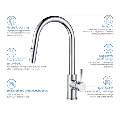 Kibi Circular Single Handle Pull Down Kitchen Faucet With Soap Dispenser in Chrome Finish - C-KKF2013CH-KSD100CH