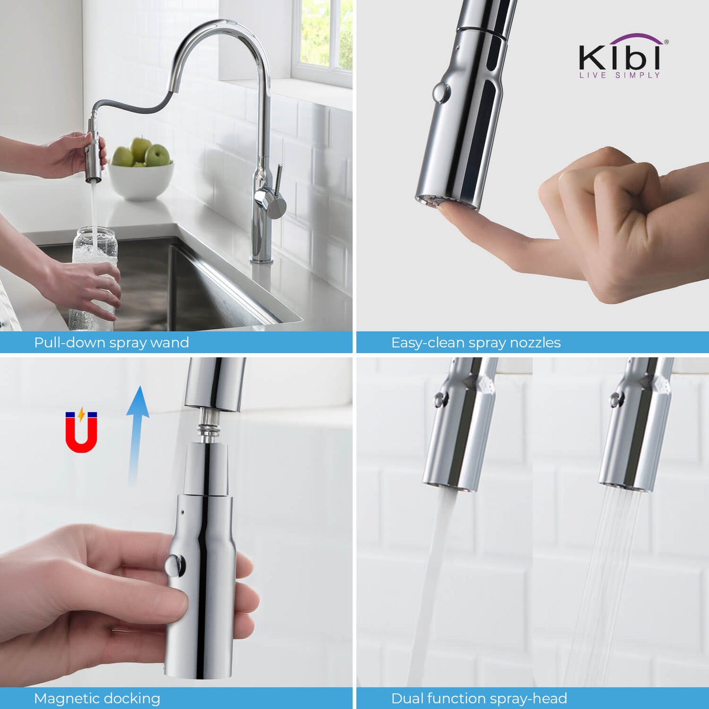 Kibi Hilo Single Handle High Arc Pull Down Kitchen Faucet in Chrome Finish - KKF2008CH