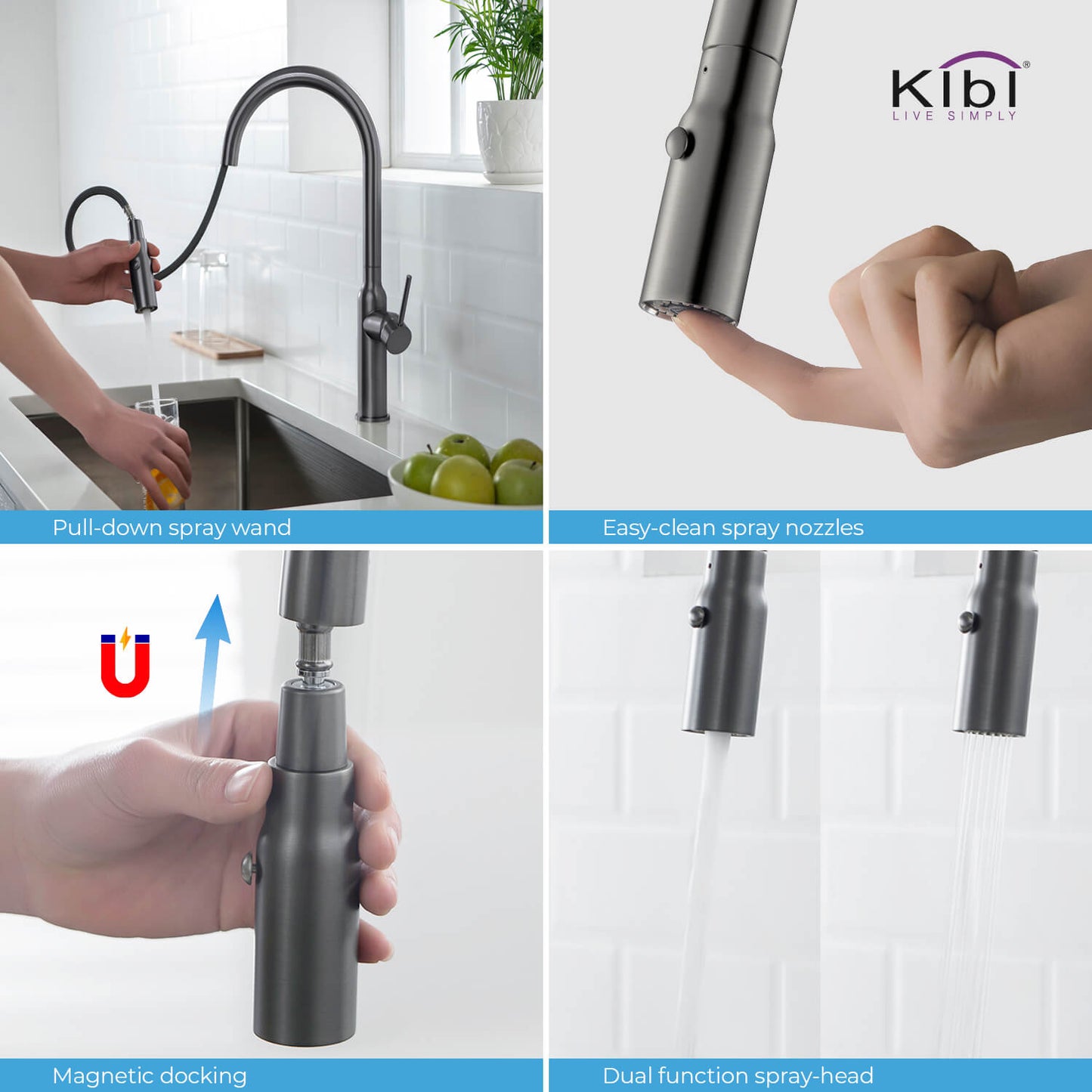 Kibi Hilo Single Handle High Arc Pull Down Kitchen Faucet in Titanium Finish - KKF2008TT