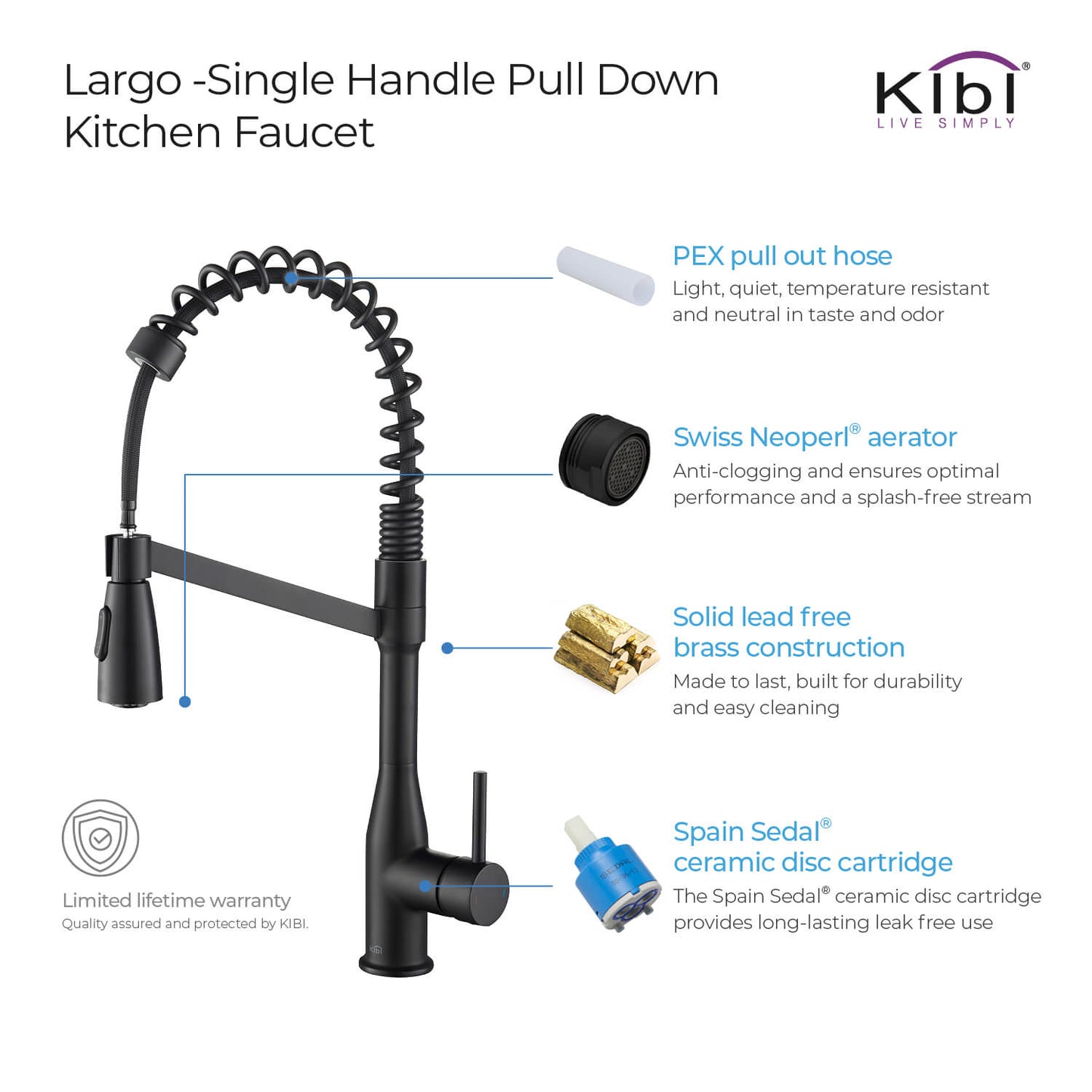 Kibi Largo Single Handle Pull Down Kitchen Faucet in Matte Black Finish - KKF2006MB