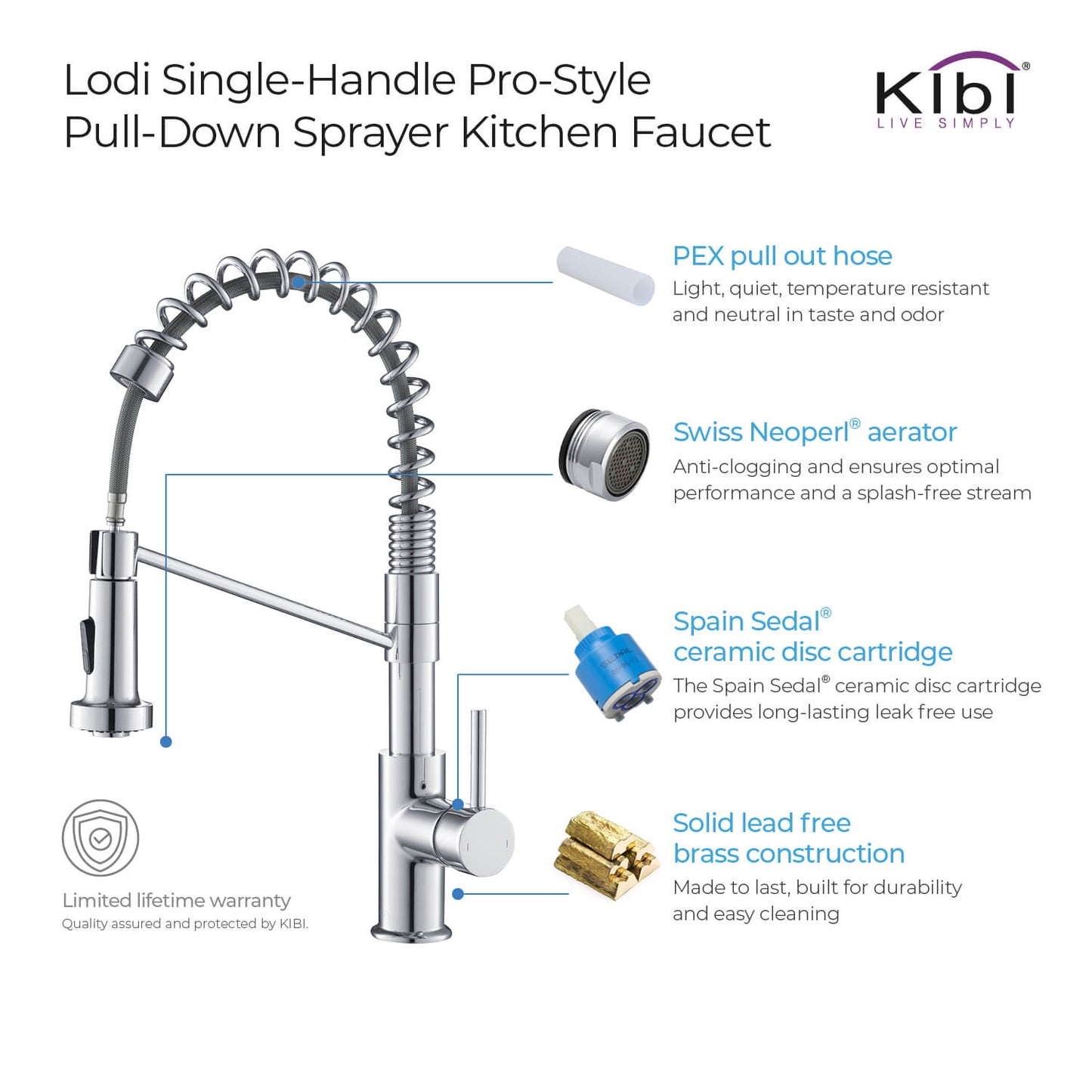 Kibi Lodi Single Handle High Arc Pull Down Kitchen Faucet In Chrome Finish - KKF2004CH