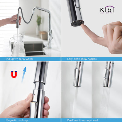 Kibi Macon Single Handle High Arc Pull Down Kitchen Faucet in Chrome Finish - KKF2007CH