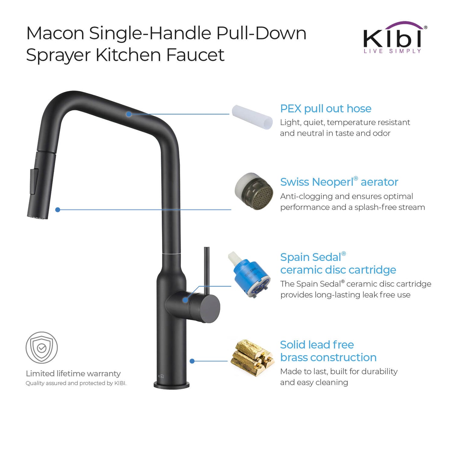 Kibi Macon Single Handle High Arc Pull Down Kitchen Faucet in Matte Black Finish - KKF2007MB