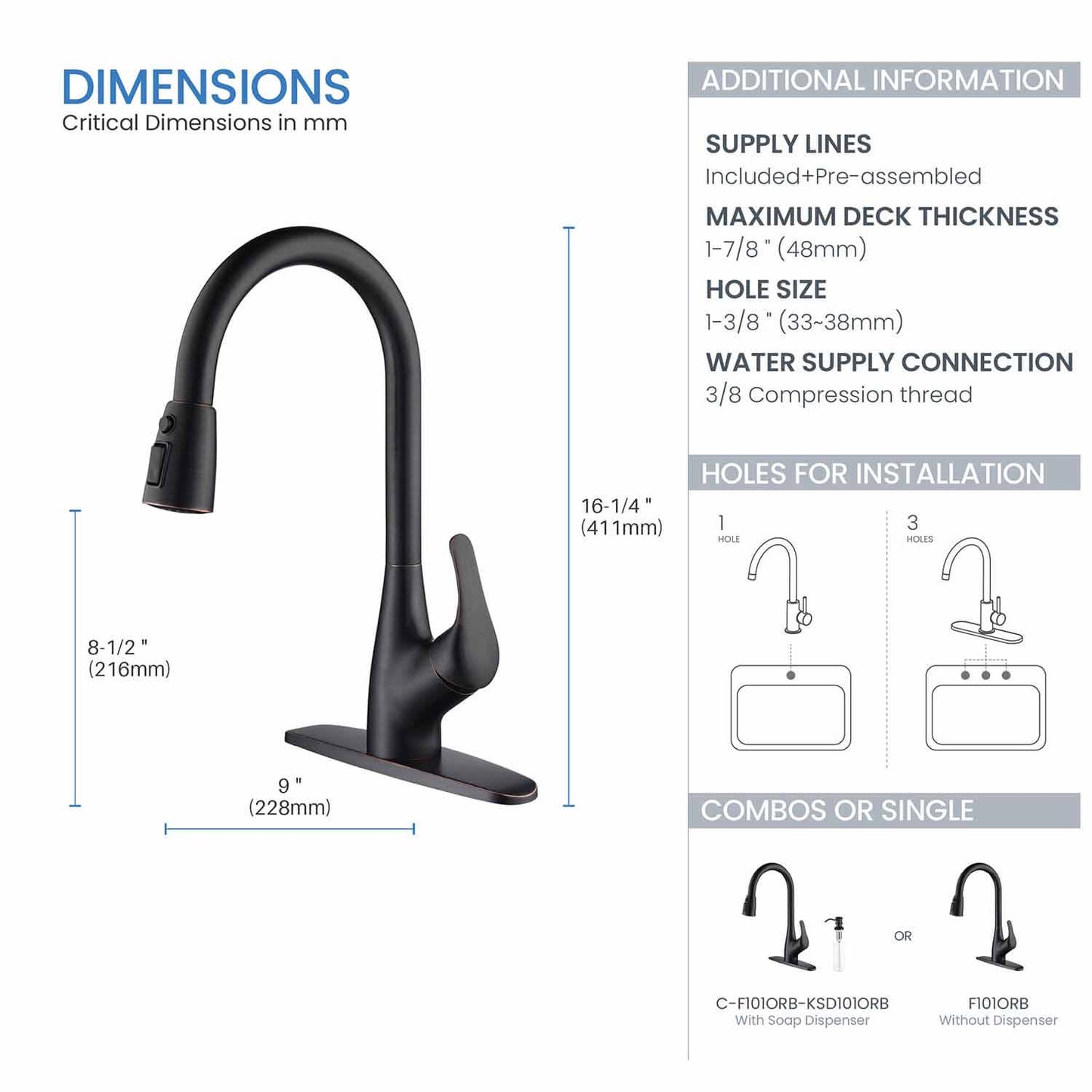 Kibi Single Handle Pull Down Kitchen Faucet In Oil Rubbed Bronze Finish - F101ORB
