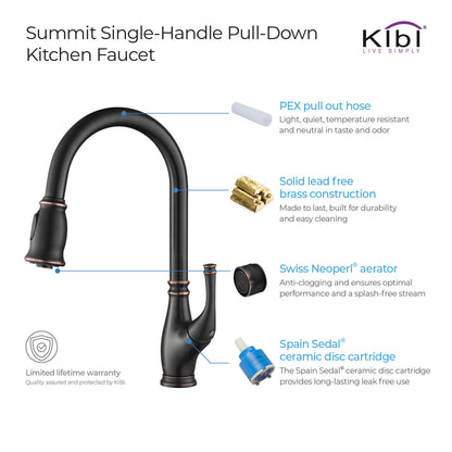 Kibi Summit Single Handle High Arc Pull Down Kitchen Faucet in Oil Rubbed Bronze Finish - KKF2009ORB