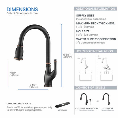 Kibi Summit Single Handle High Arc Pull Down Kitchen Faucet in Oil Rubbed Bronze Finish - KKF2009ORB