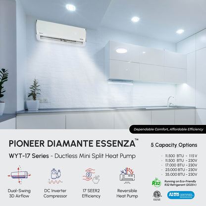 Pioneer® Diamante Essenza™ 11,500 BTU 17 SEER2 115V High-Wall Ductless Mini-Split Air Conditioner Inverter Heat Pump with 16 Ft. Kit
