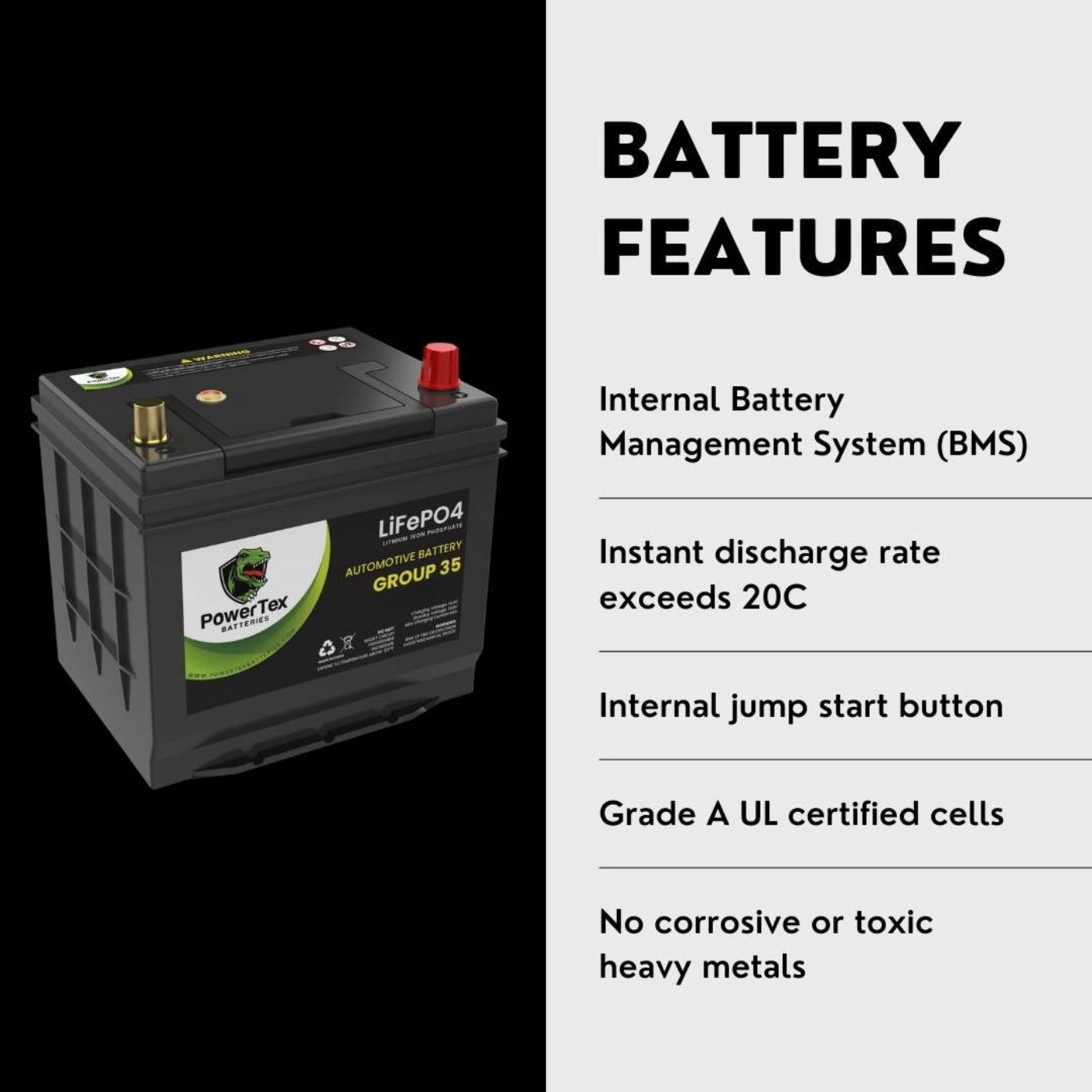 PowerTex 2006 Honda Accord Car Battery BCI Group 35 / Q85 Lithium LiFePO4 Automotive Battery - PTLG35-27