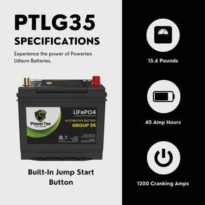 PowerTex 2018 Nissan Maxima Car Battery BCI Group 35 / Q85 Lithium LiFePO4 Automotive Battery - PTLG35-246