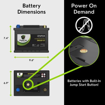 PowerTex 2006 Mini Cooper Car Battery BCI Group 47 H5 Lithium LiFePO4 Replacement Automotive Battery - PTLG47-463