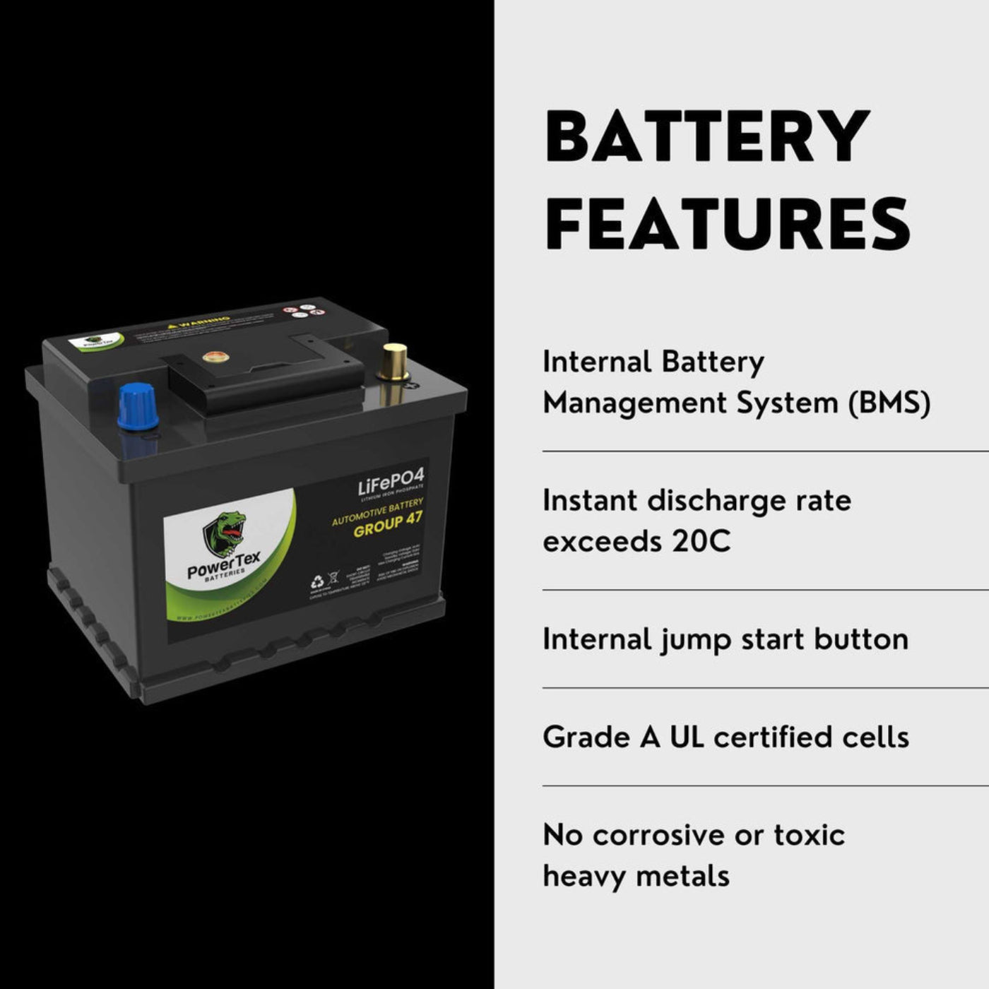 PowerTex 2023 Volkswagen Atlas L4 2.0LReplacement Car Battery BCI Group 47 Lithium LiFePO4 Automotive Powertex Battery - PTLG47-0102