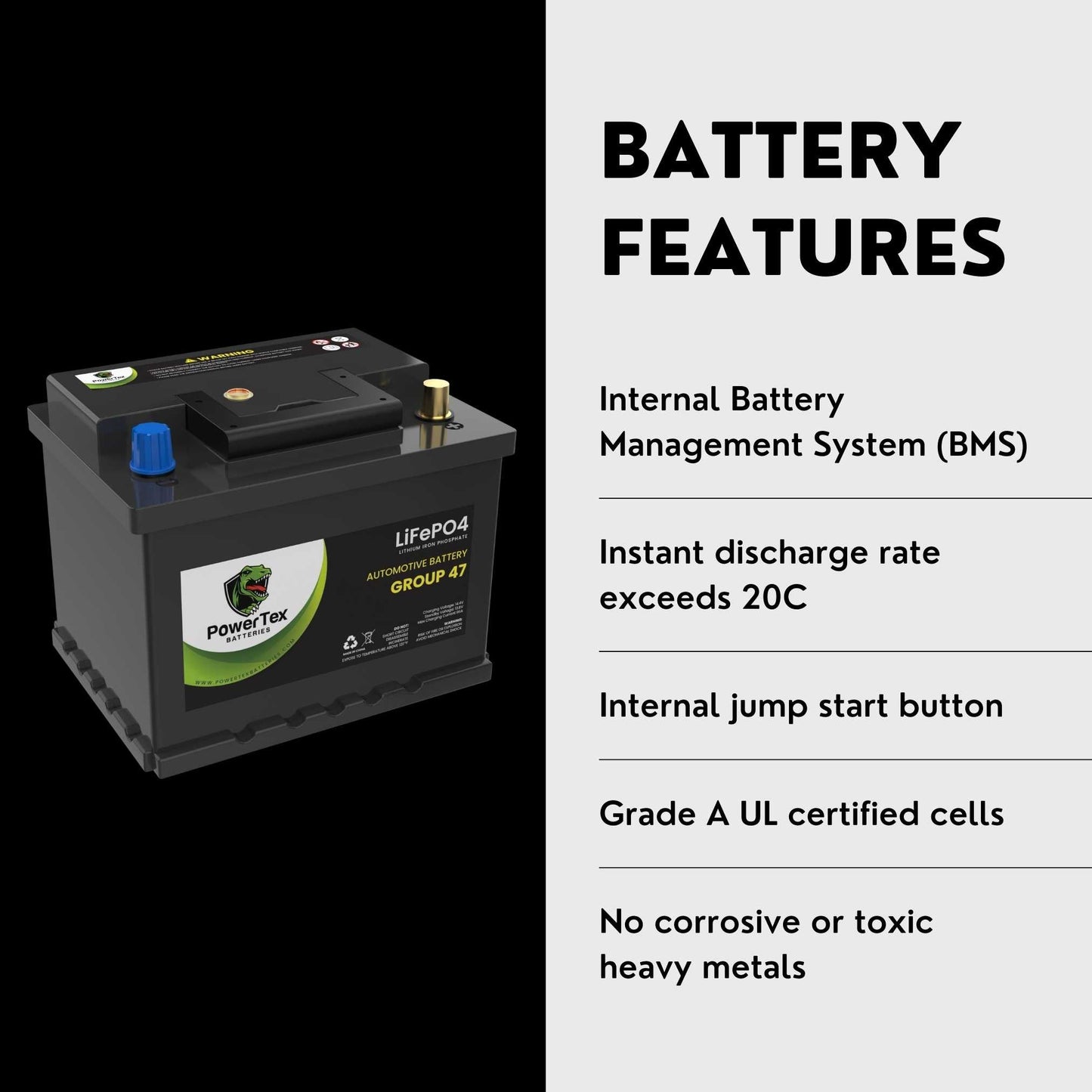 PowerTex 2010 Audi A5 Car Battery BCI Group 47 H5 Lithium LiFePO4 Replacement Automotive Battery - PTLG47-126