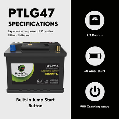 PowerTex 2019 Toyota Camry, Solara Car Battery BCI Group 47 H5 Lithium LiFePO4 Replacement Automotive Battery - PTLG47-511