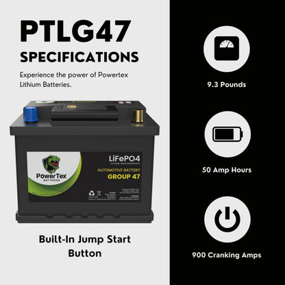 PowerTex 2022 Volkswagen Passat L4 2.0LReplacement Car Battery BCI Group 47 Lithium LiFePO4 Automotive Powertex Battery - PTLG47-097
