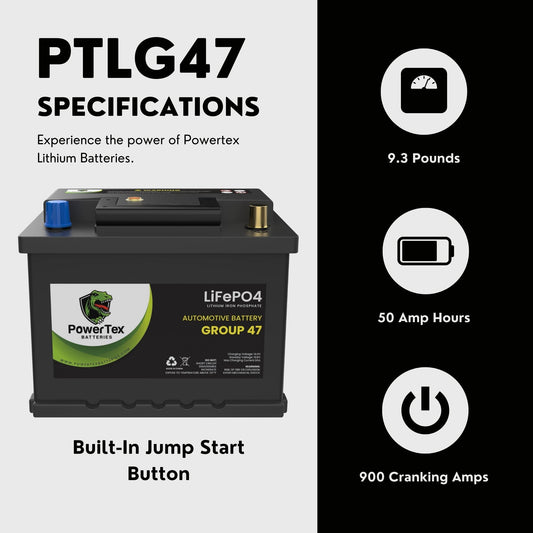 PowerTex 2011 Mini Cooper Car Battery BCI Group 47 H5 Lithium LiFePO4 Replacement Automotive Battery - PTLG47-457