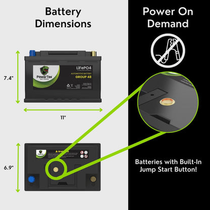 PowerTex 2023 Chevrolet Suburban V8 5.3L Replacement Car Battery BCI Group 48 Lithium LiFePO4 Automotive Powertex Battery - PTLG48-0227