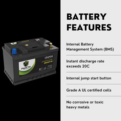 PowerTex 2022 Ford Bronco L4 2.3L Replacement Car Battery BCI Group 48 Lithium LiFePO4 Automotive Powertex Battery - PTLG48-0291
