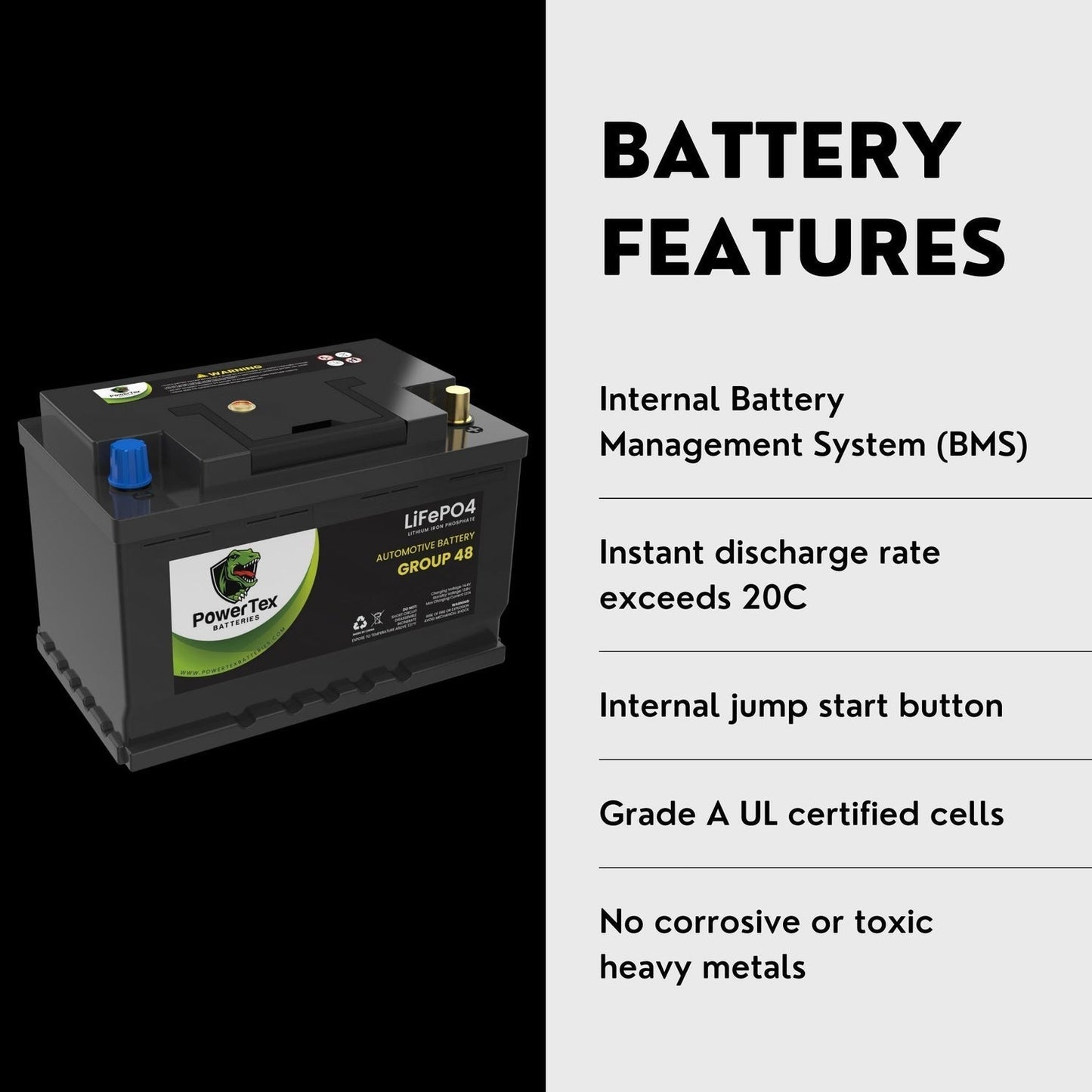 PowerTex 2022 Toyota Avalon V6 3.5L Replacement Car Battery BCI Group 48 Lithium LiFePO4 Automotive Powertex Battery - PTLG48-0502