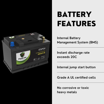 PowerTex 2012 Porsche Cayenne Car Battery BCI Group 48 / H6 Lithium LiFePO4 Replacement Automotive Battery - PTLG48-1666