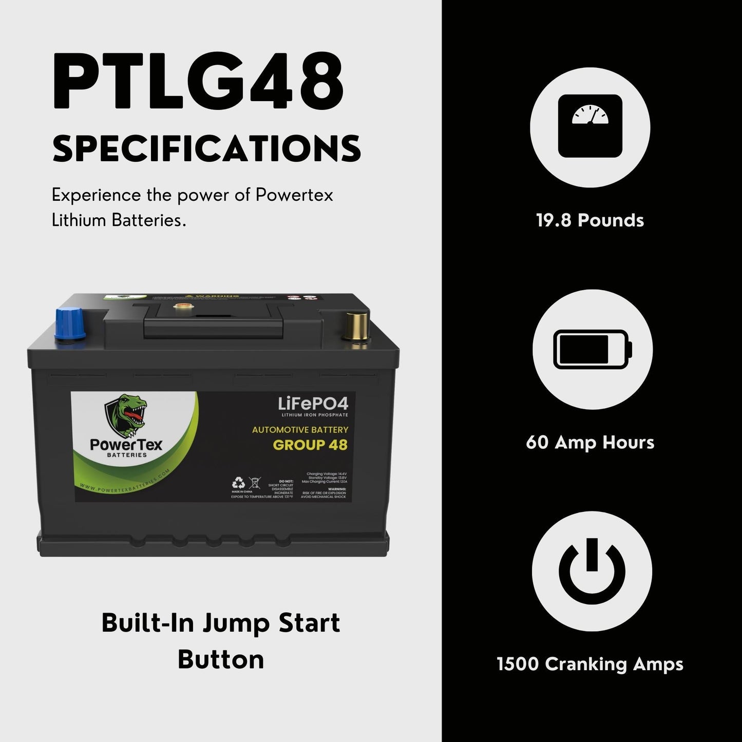 PowerTex 2011 Mercedes-Benz C63 AMG Car Battery BCI Group 48 / H6 Lithium LiFePO4 Replacement Automotive Battery - PTLG48-1425