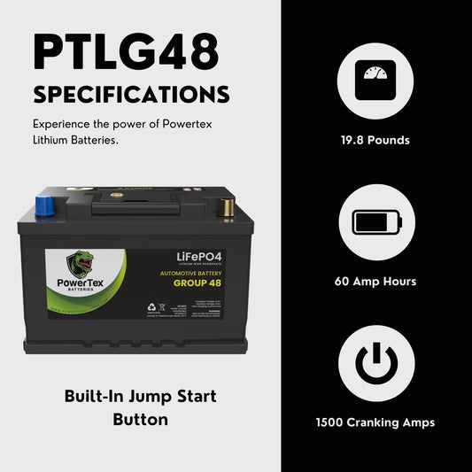 PowerTex 2009 Porsche Cayenne Car Battery BCI Group 48 / H6 Lithium LiFePO4 Replacement Automotive Battery - PTLG48-1678