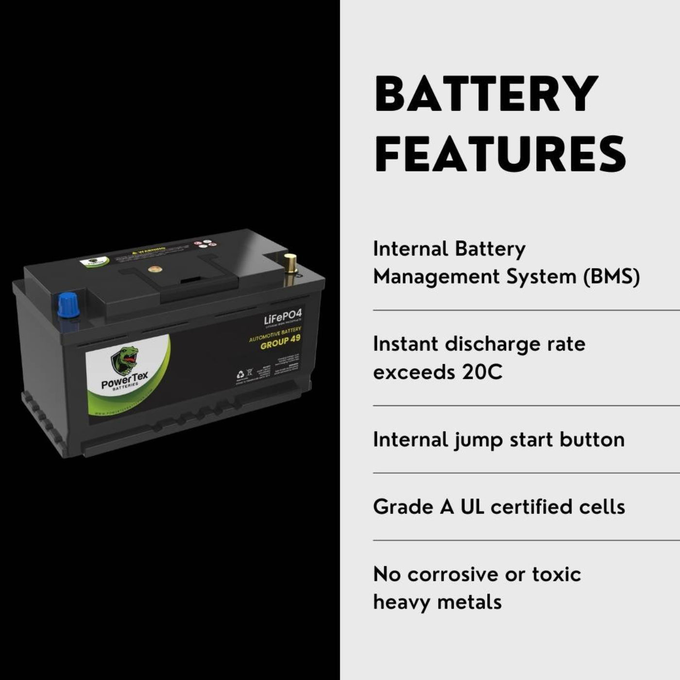PowerTex 2021 Chevrolet Silverado 1500 Car Battery BCI Group 49 / H8 Replacement Lithium LiFePO4 Automotive Battery - PTLG49-894