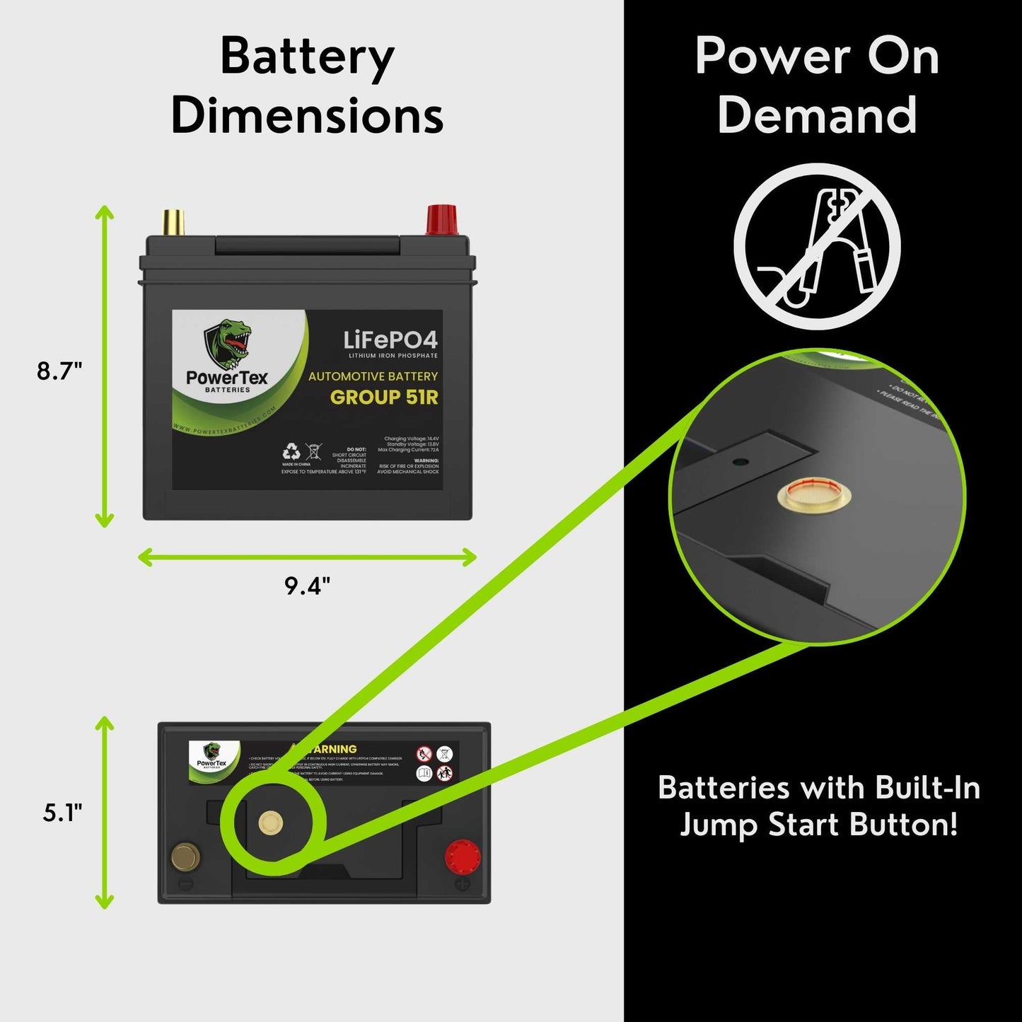 PowerTex 2005 Acura TSX Car Battery BCI Group 51R Lithium LiFePO4 Replacement Automotive Battery - PTLG51R-27