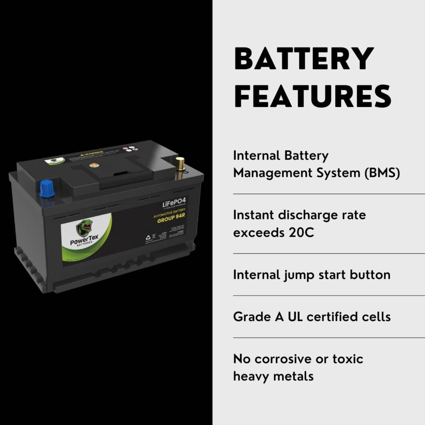 PowerTex 2022 GMC Sierra 2500 HD Car Battery BCI Group 94R / H7 Lithium LiFePO4 Automotive Battery - PTLG94R-831